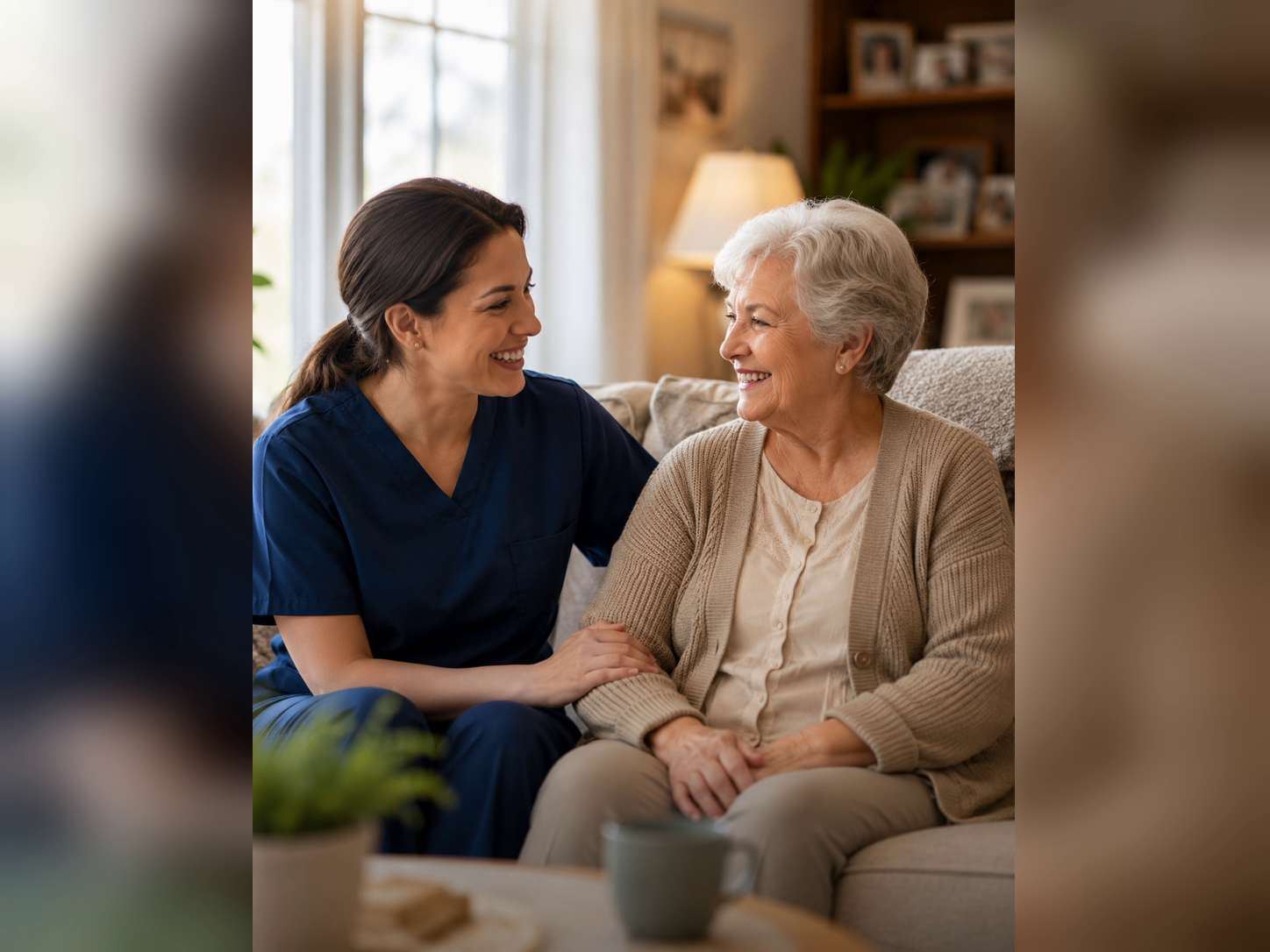 Caregiver providing friendly companion care and conversation